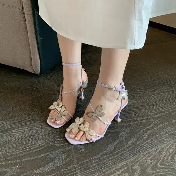 Halvecado Summer Women Fashion Sexy Butterfly Square Toe Heeled Sandals